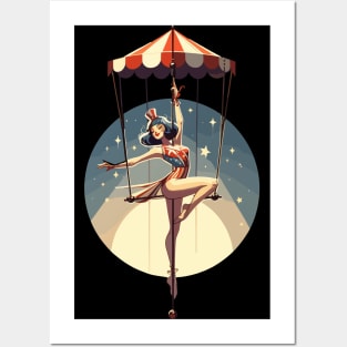 Circus girl give show on flying trapeze Posters and Art